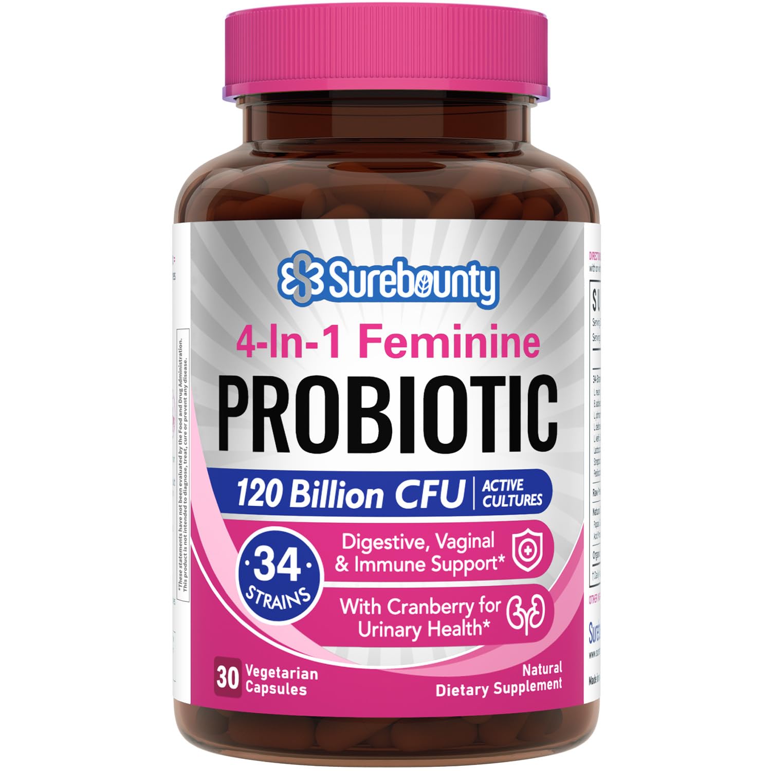 Surebounty Feminine Probiotic 120 Billion CFU 30 Veggie Capsules front view