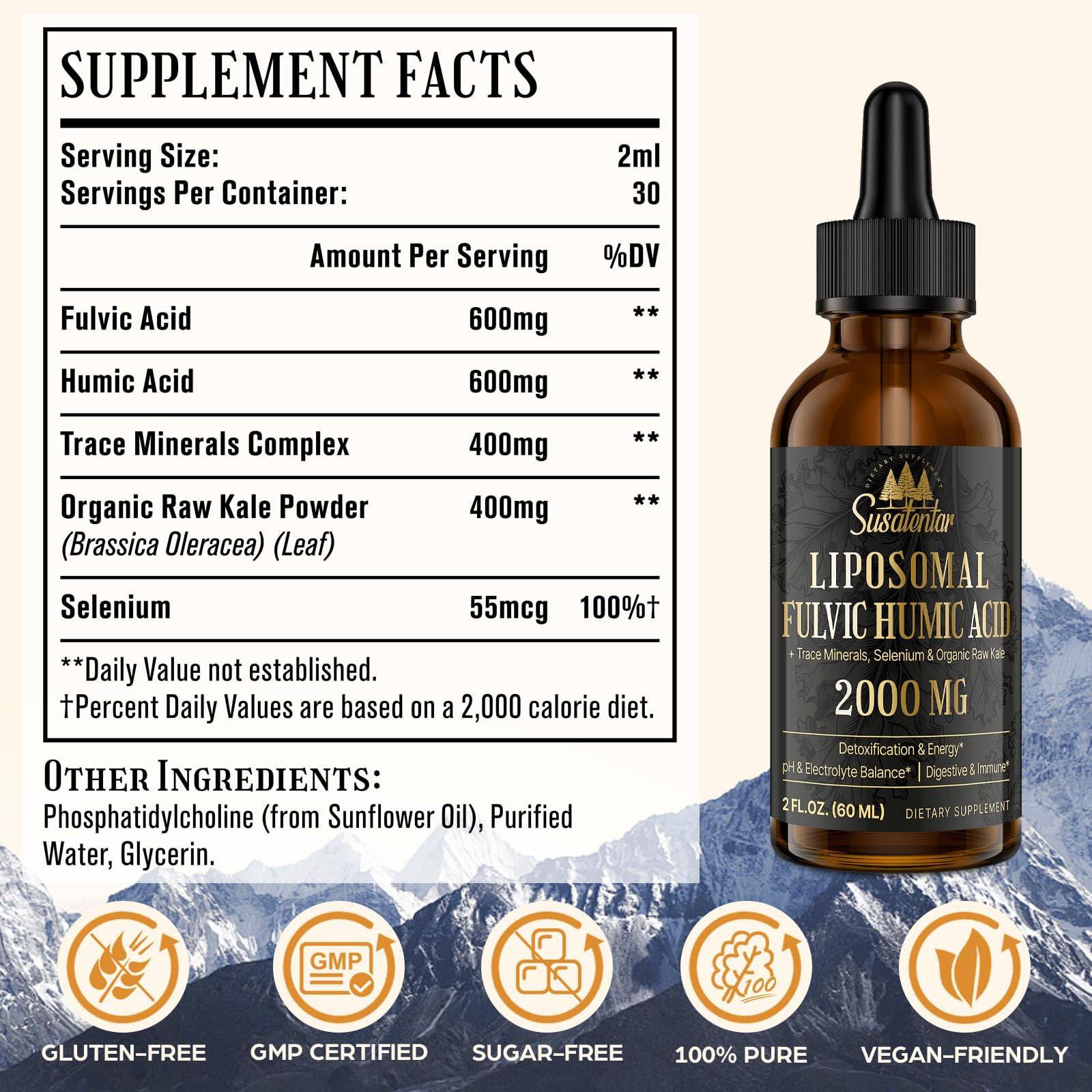Susatentar Fulvic Acid Supplement 600mg side view