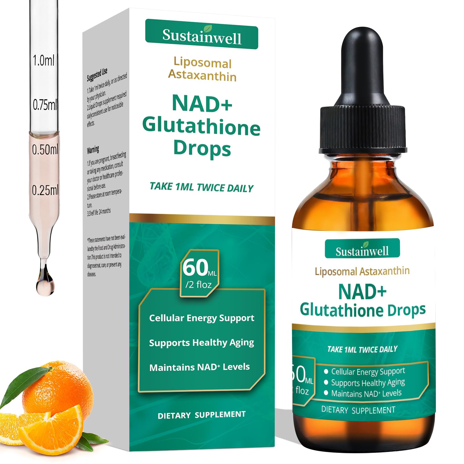 SustainWell Liposomal NAD+ Glutathione Liquid Drops front view