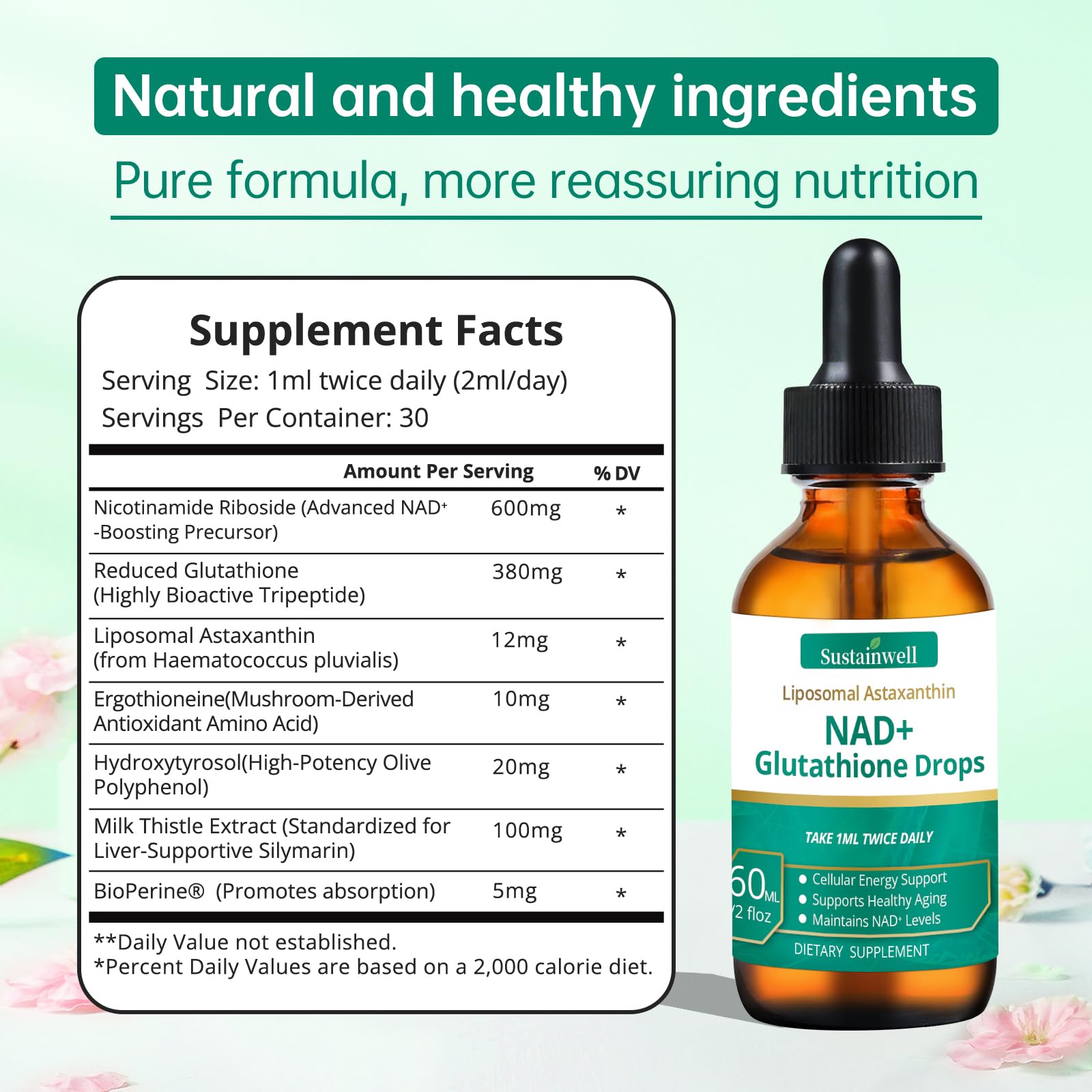 SustainWell Liposomal NAD+ Glutathione Liquid Drops on a kitchen counter