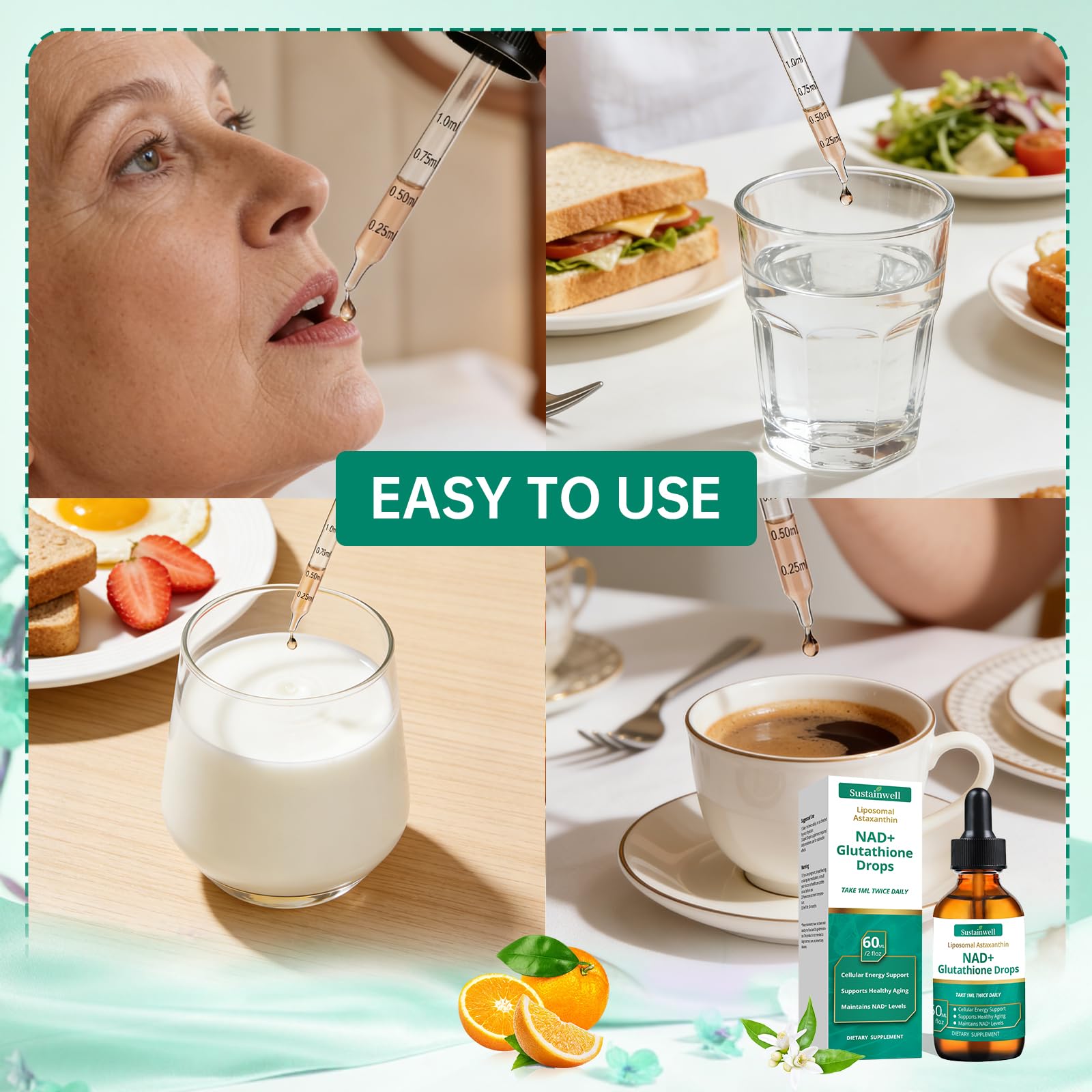 SustainWell Liposomal NAD+ Glutathione Liquid Drops with a glass of water