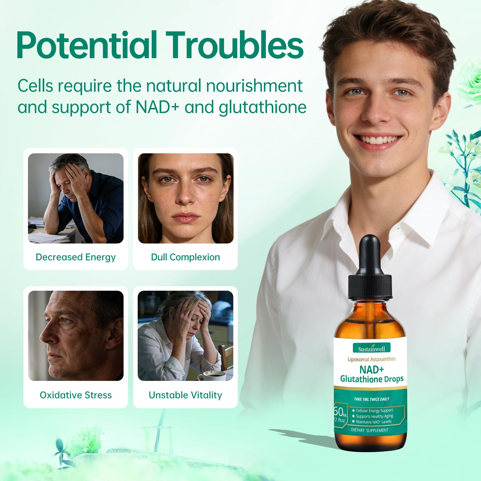 SustainWell Liposomal NAD+ Glutathione Liquid Drops with measuring dropper