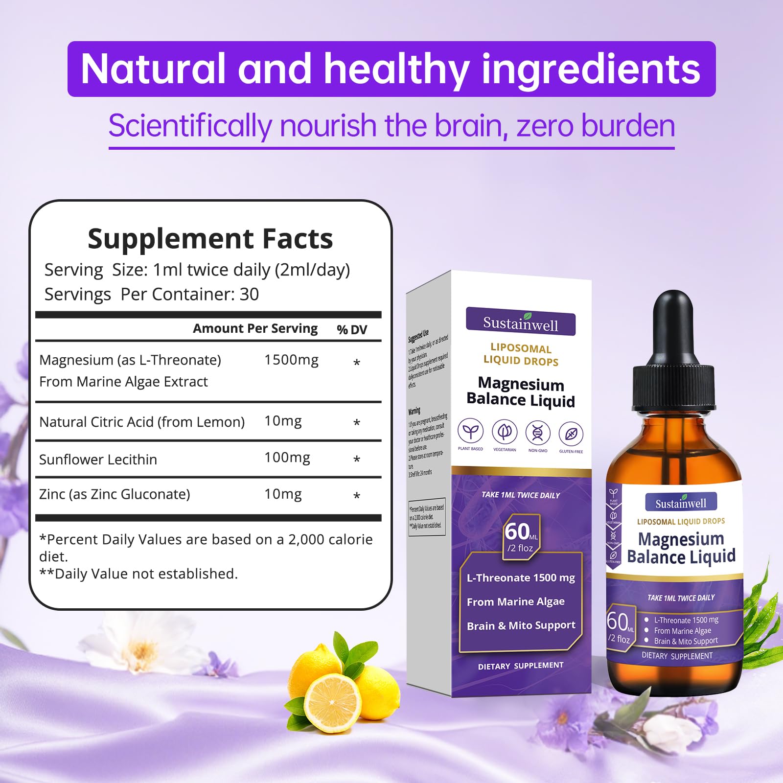 SustainWell Liquid Magnesium Drops 272g with fresh fruits