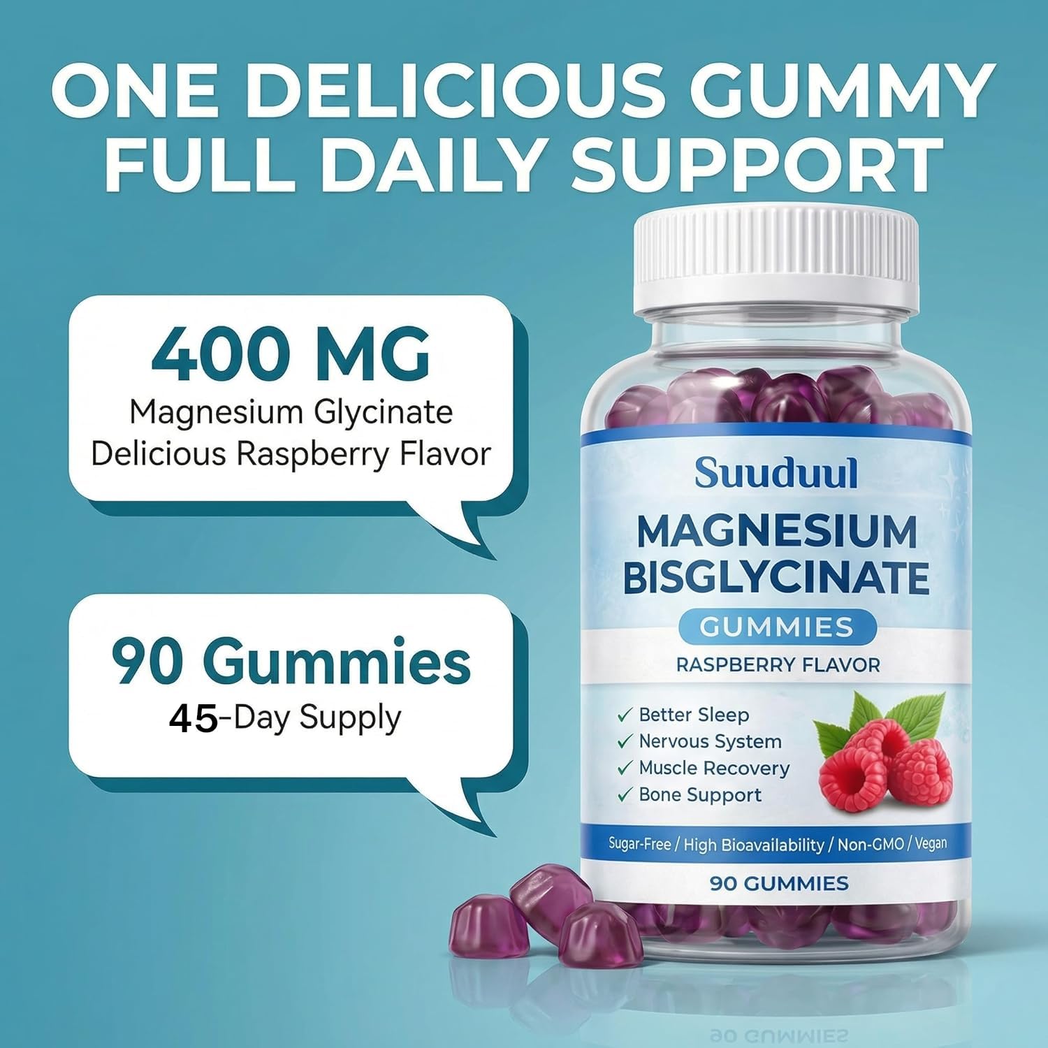 SUUDUUL Magnesium Bisglycinate Gummies packaging with raspberry flavour
