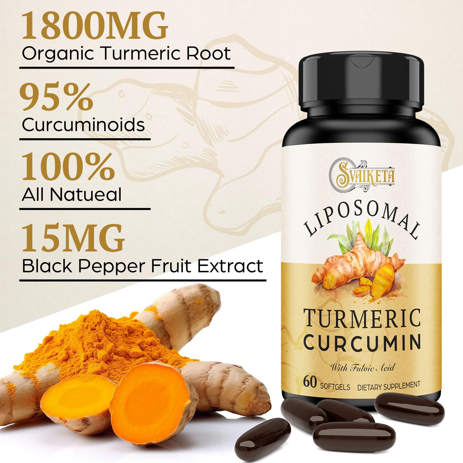 Svaiketa Turmeric Curcumin Supplement soft gel capsule close-up