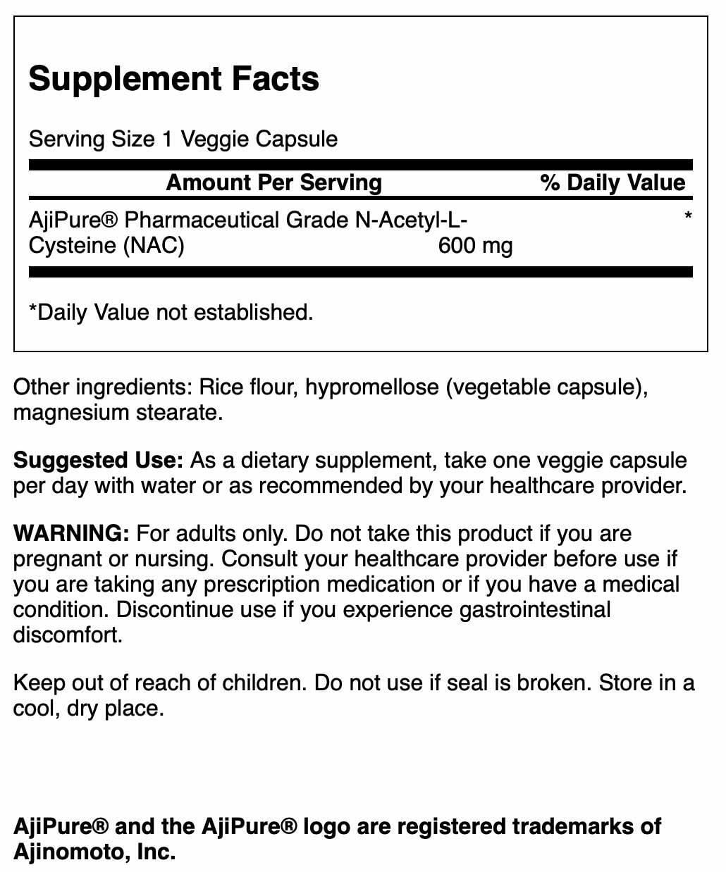 Swanson Acetyl-L-Carnitine 600mg capsule bottle side view
