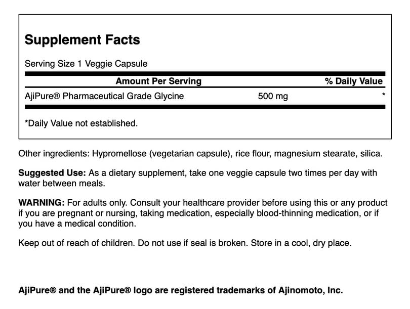 Swanson AjiPure Glycine 500mg capsules with ingredients list