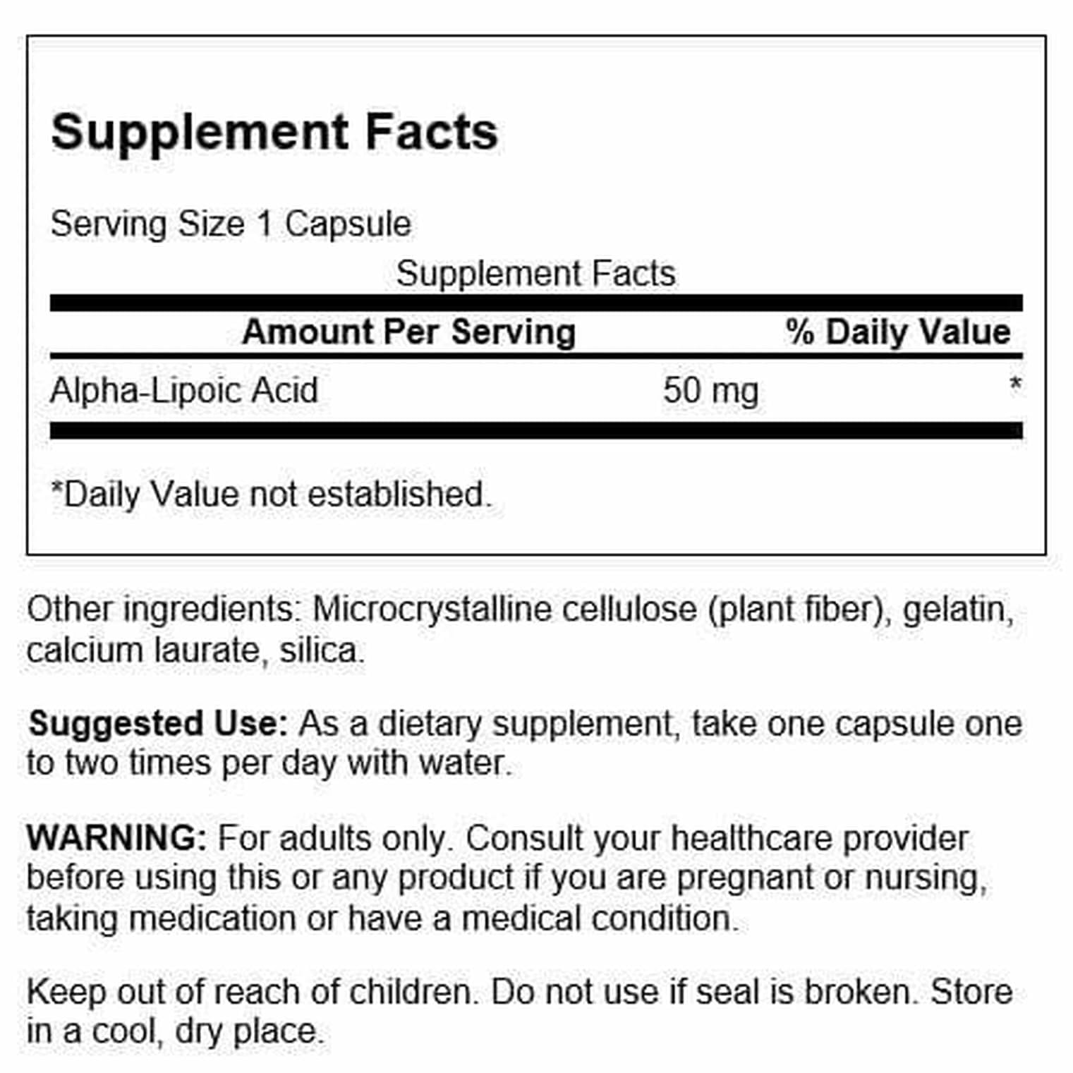 Swanson Alpha Lipoic Acid 50mg capsules side view