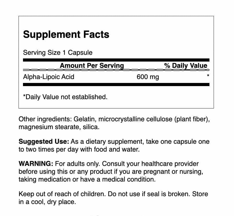 Swanson Alpha Lipoic Acid 600mg capsules side view