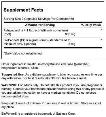 Swanson Ashwagandha 800mg capsules packaging side view