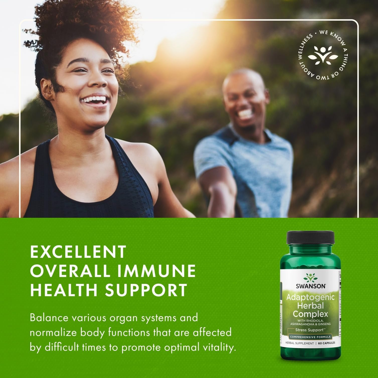 Swanson Ashwagandha & Rhodiola supplement with lifestyle background