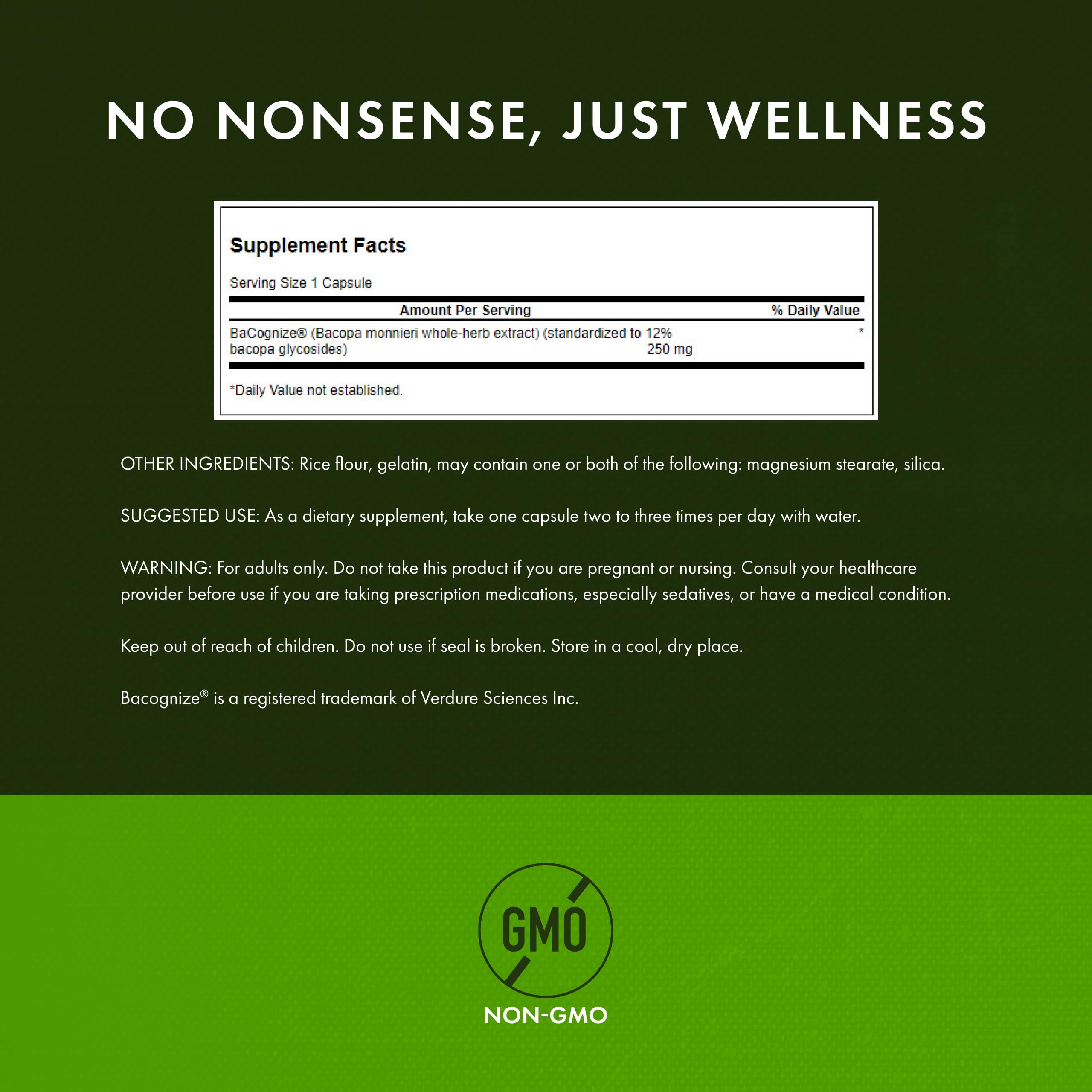 Swanson Bacopa Monnieri 250mg capsules on a wooden surface