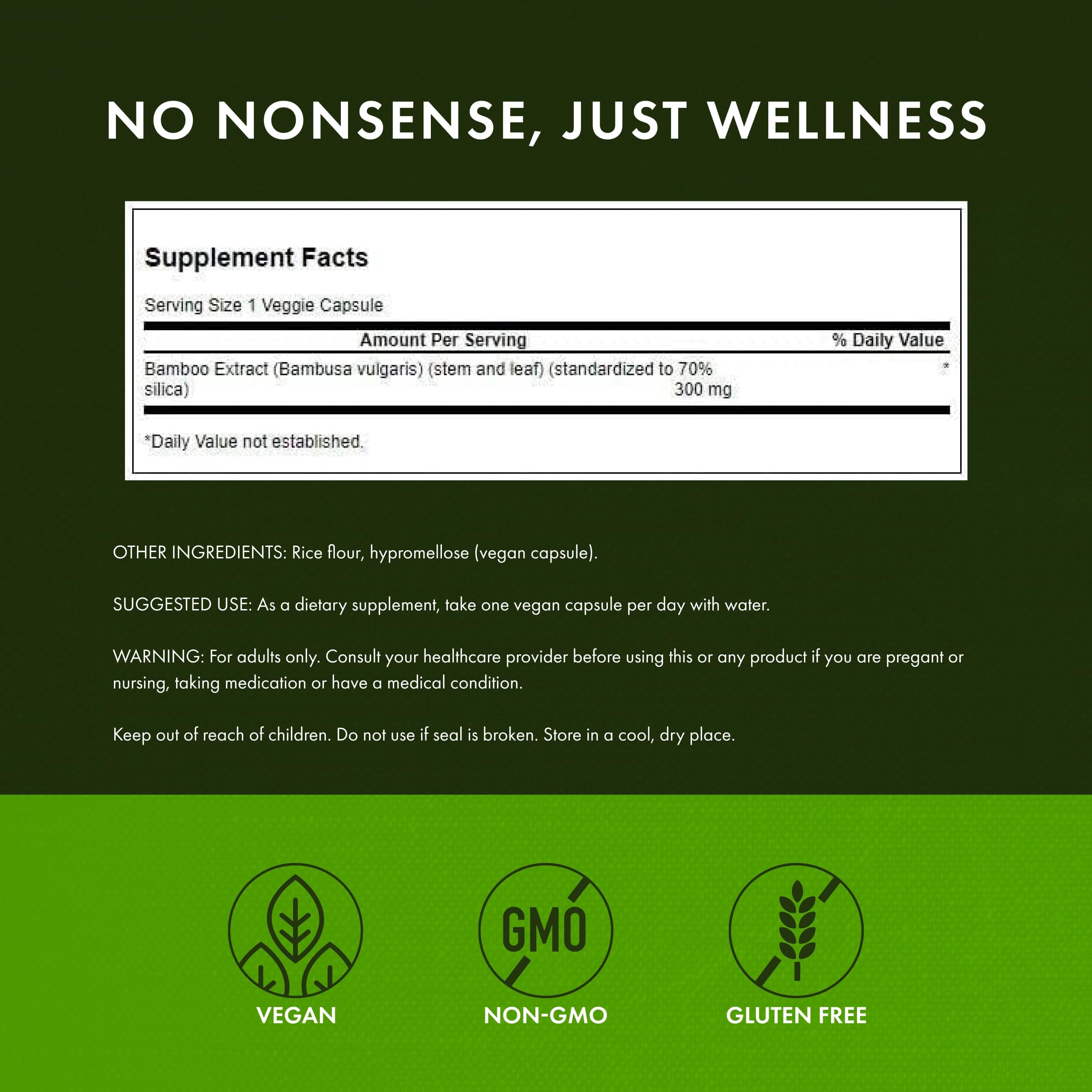 Swanson Bamboo Extract 300mg capsules on a wooden table