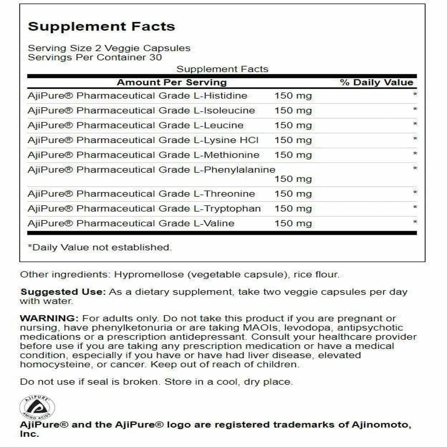 Swanson BCAA Amino Acids 150mg side view showing ingredients