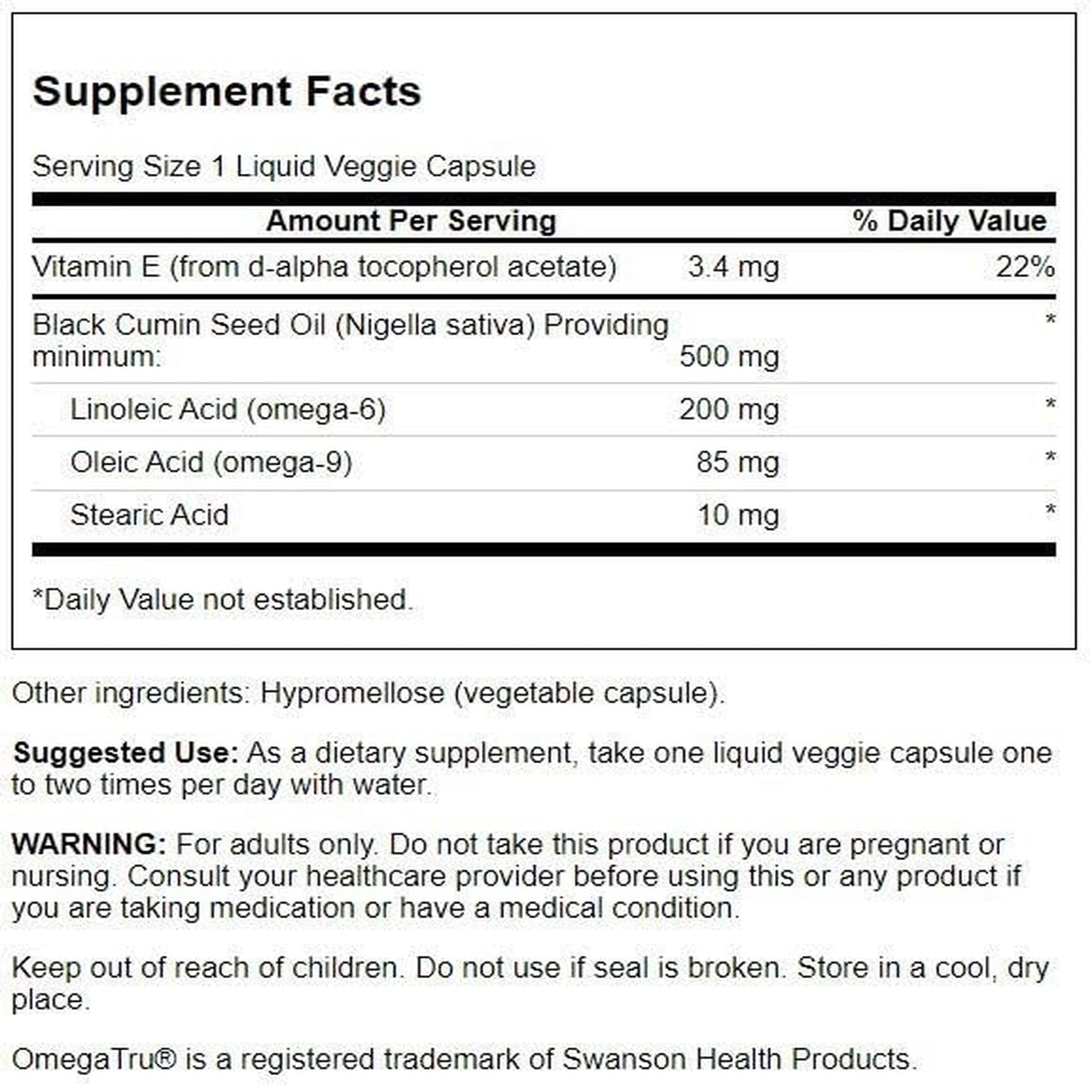 Swanson Black Seed Oil 500mg Vegan Capsules side view