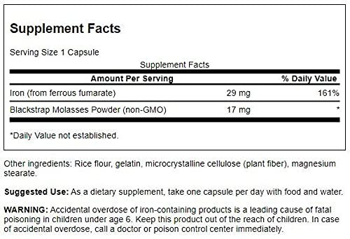 Swanson Blackstrap Molasses Iron Supplement 29mg capsule side view