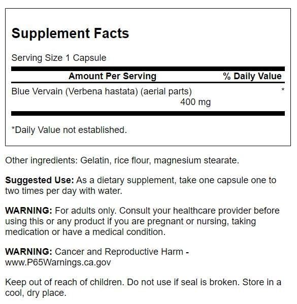 Swanson Blue Vervain 400mg Capsules side view showing capsule details