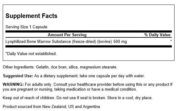Swanson Bone Marrow Extract 500mg supplement side view with ingredients list