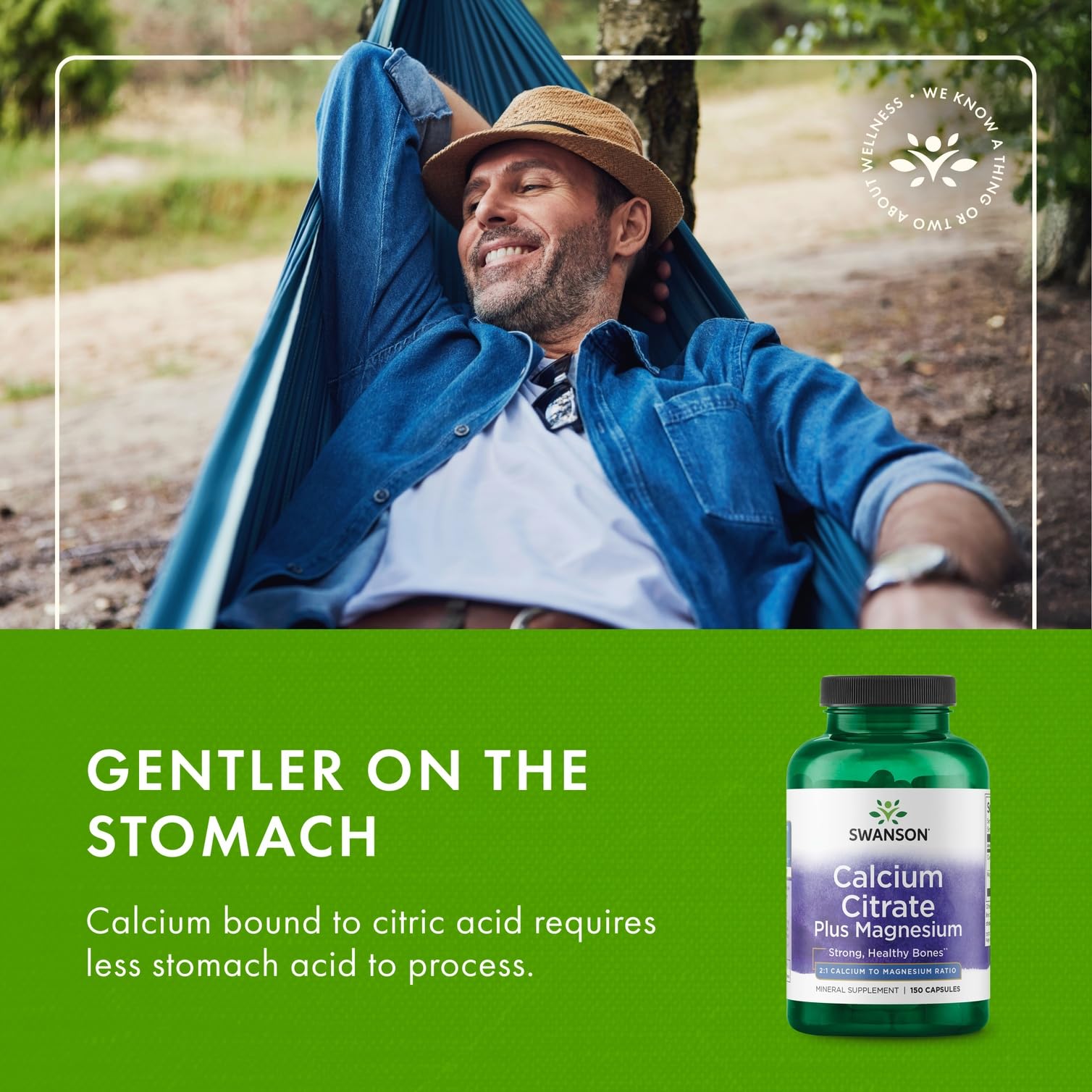 Swanson Calcium Citrate plus Magnesium 300mg 150mg capsules in hand