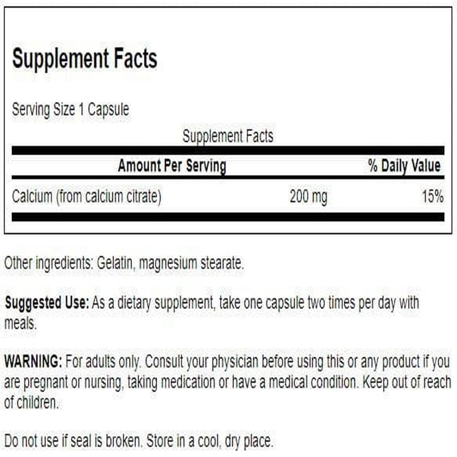 Swanson Calcium Supplement 200mg capsules back view with ingredients