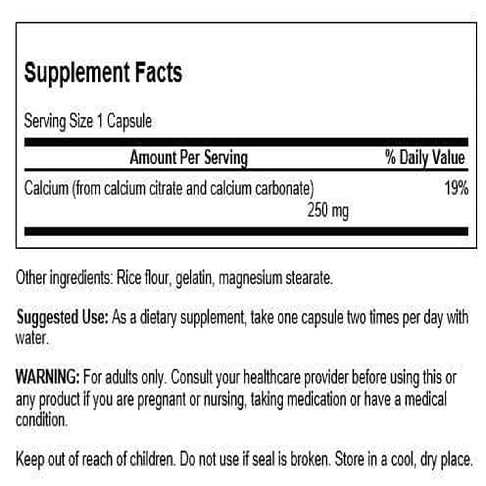 Swanson Calcium Supplement 250mg side view