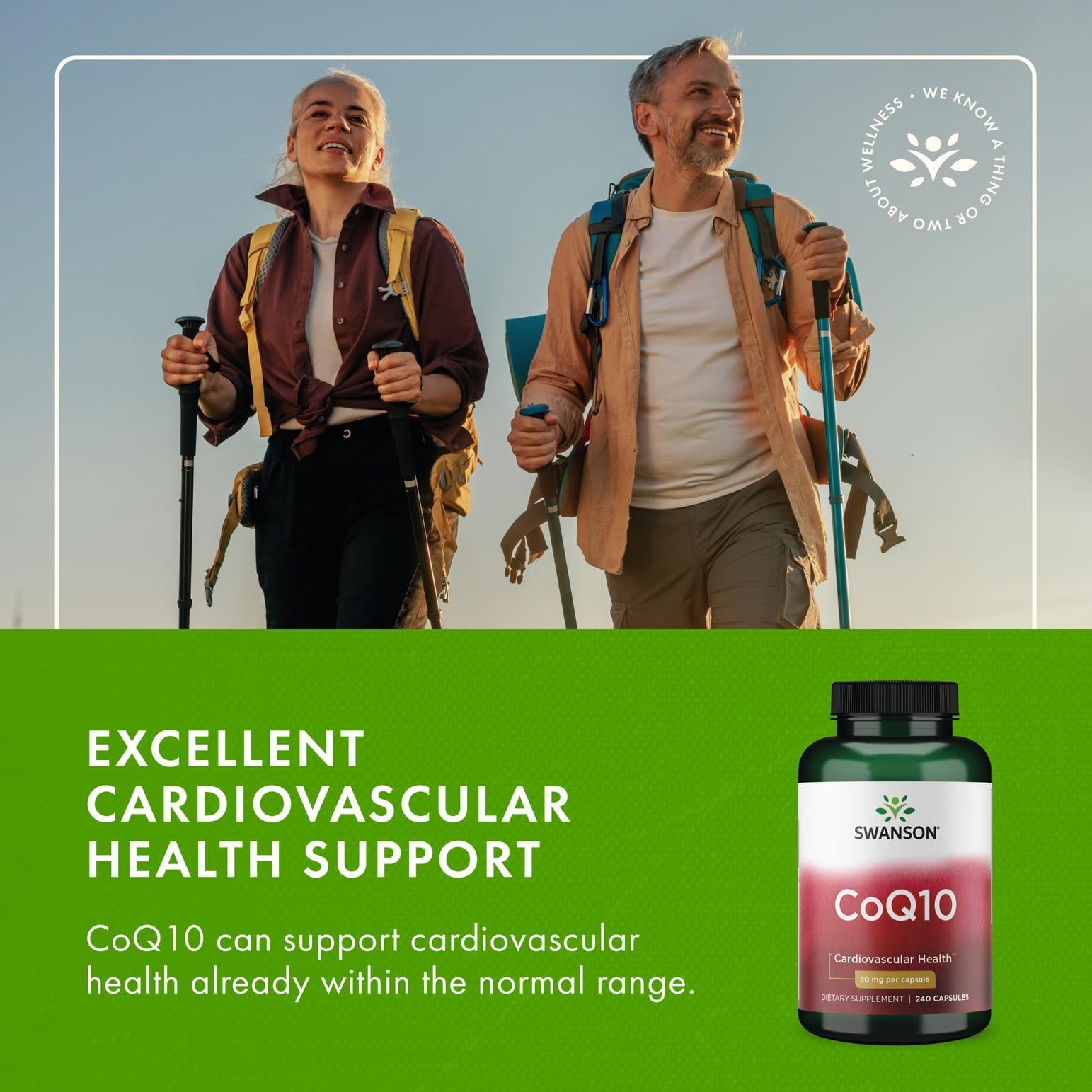 Swanson Coenzyme Q10 30mg capsules on a wooden table