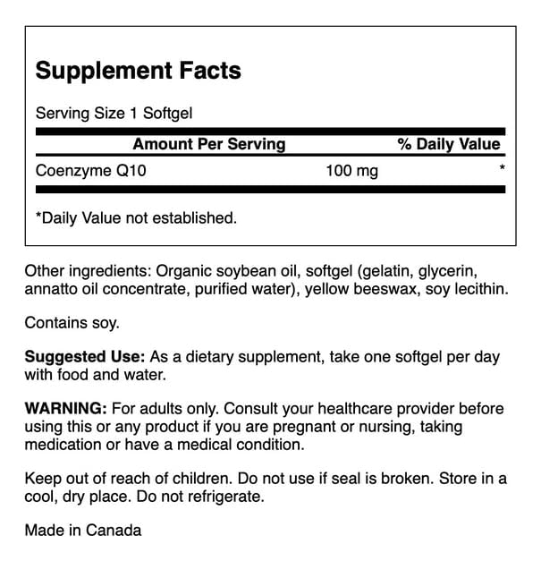 Swanson CoQ10 Softgels 100mg back view with ingredients