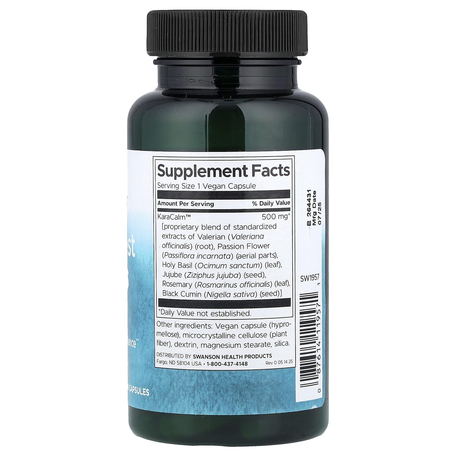 Swanson Deep Rest & daily wellness 500 mg vegan capsules side view