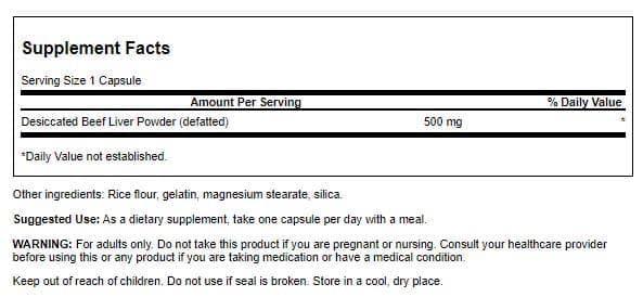 Swanson Desiccated Beef Liver Powder 500mg side view