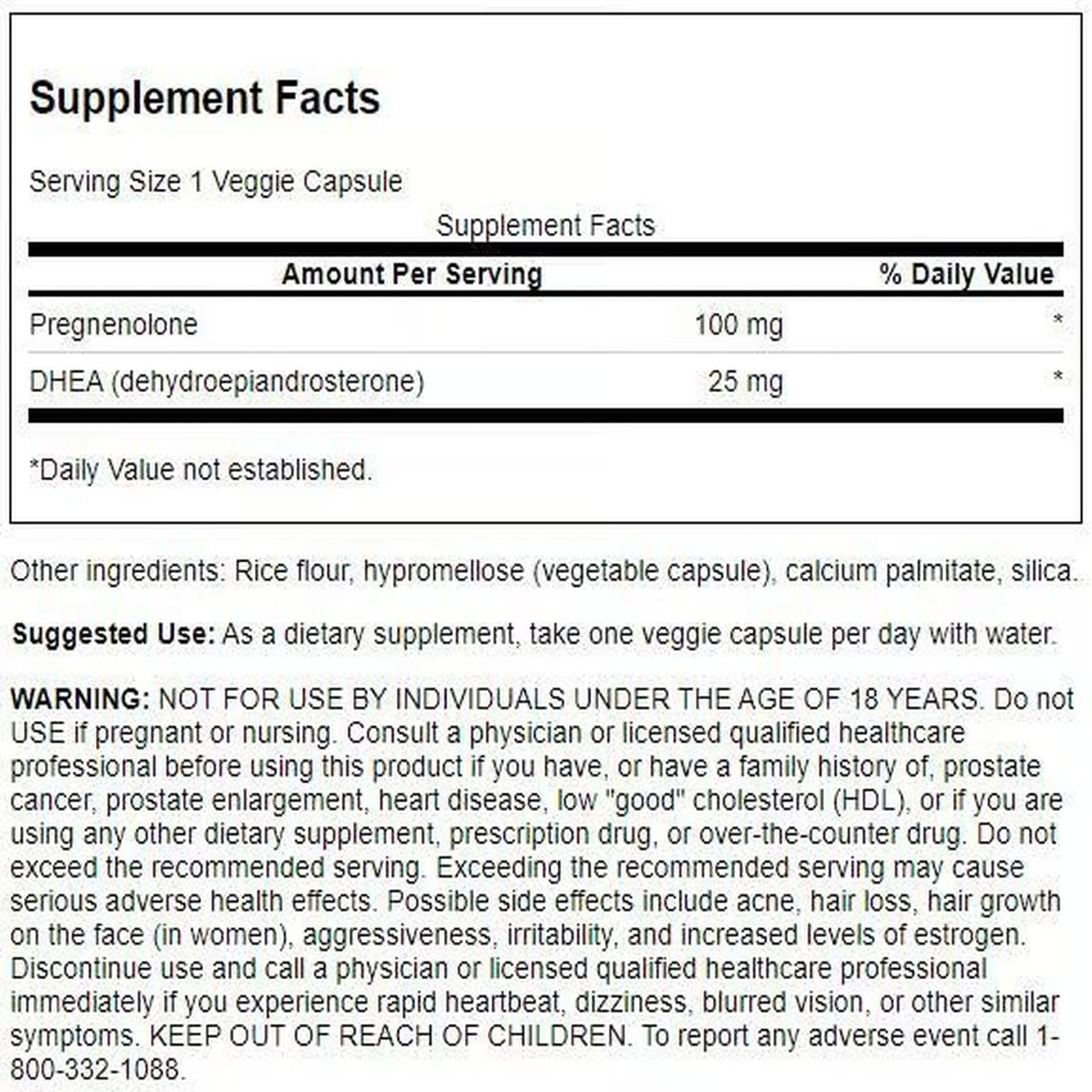 Swanson DHEA and Pregnenolone supplement packaging side view