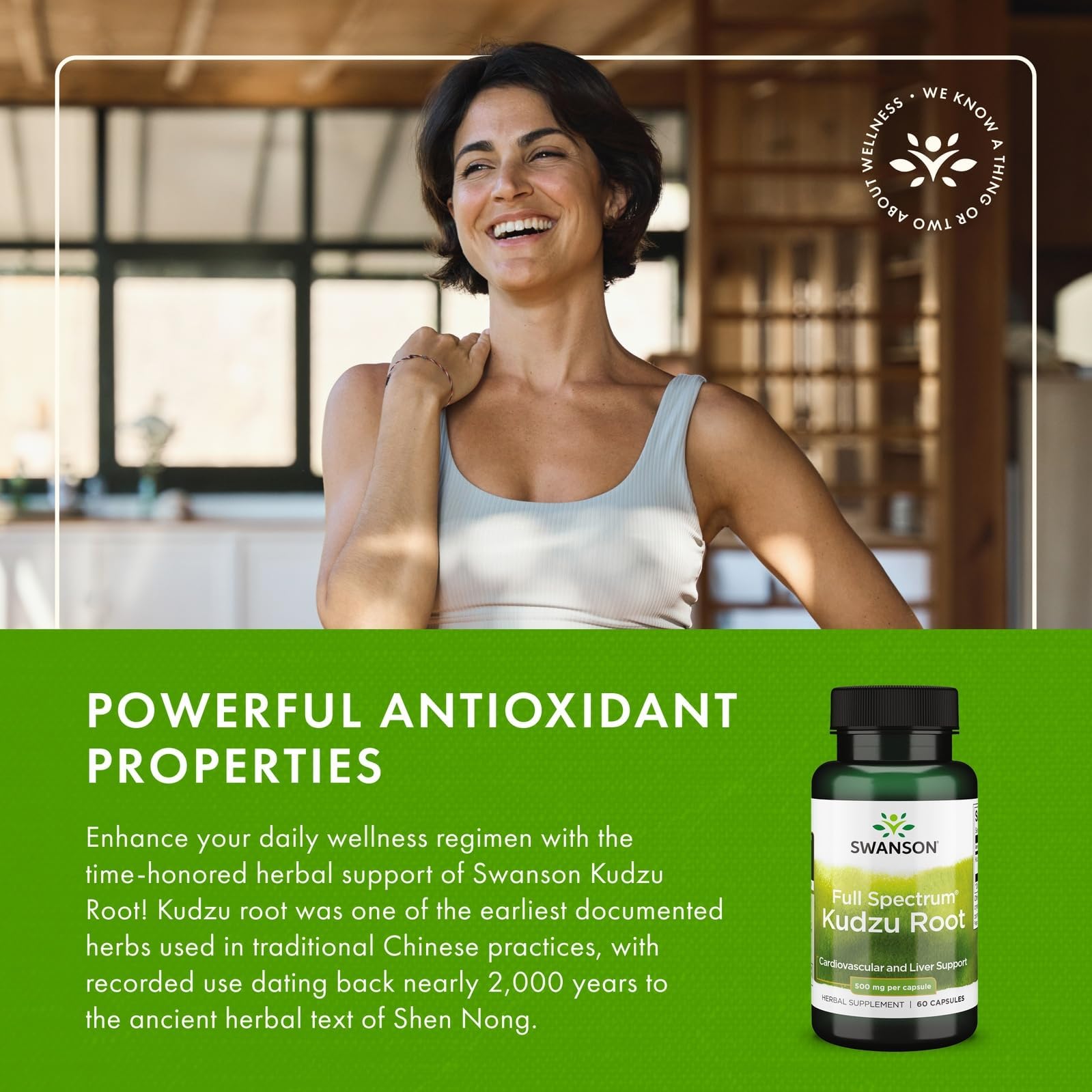 Swanson Full Spectrum Kudzu Root 500mg supplement on a wooden table