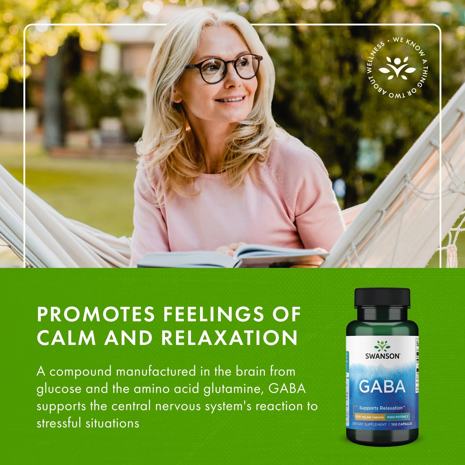 Swanson GABA 500 mg capsules with water glass
