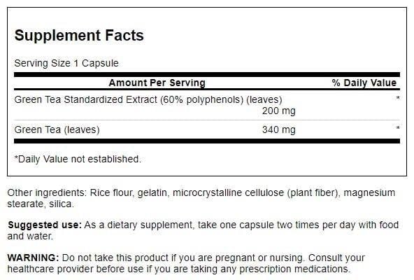 Swanson Green Tea Extract Capsules 200mg side view with label