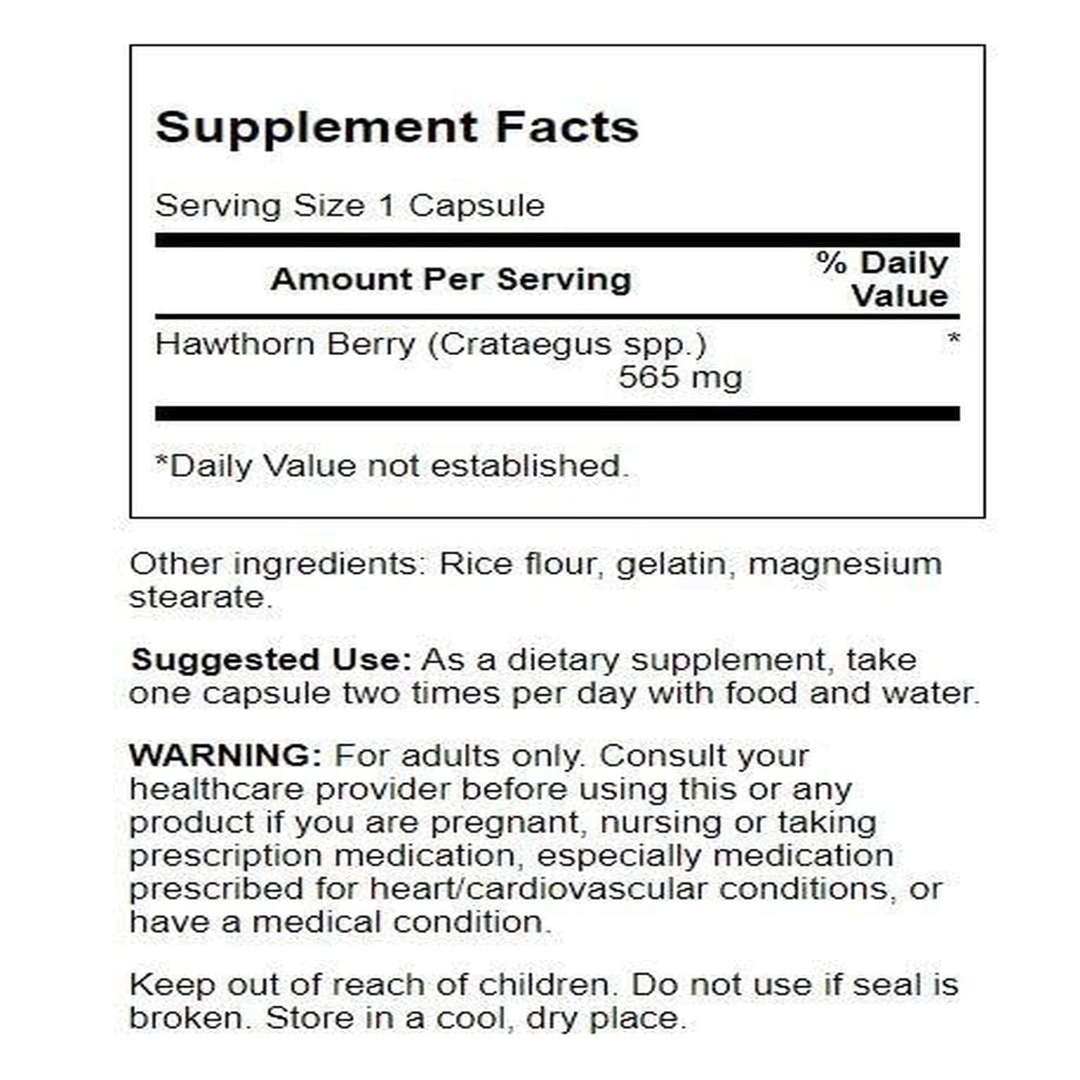 Swanson Hawthorn Berry Capsules 565mg side view showing label