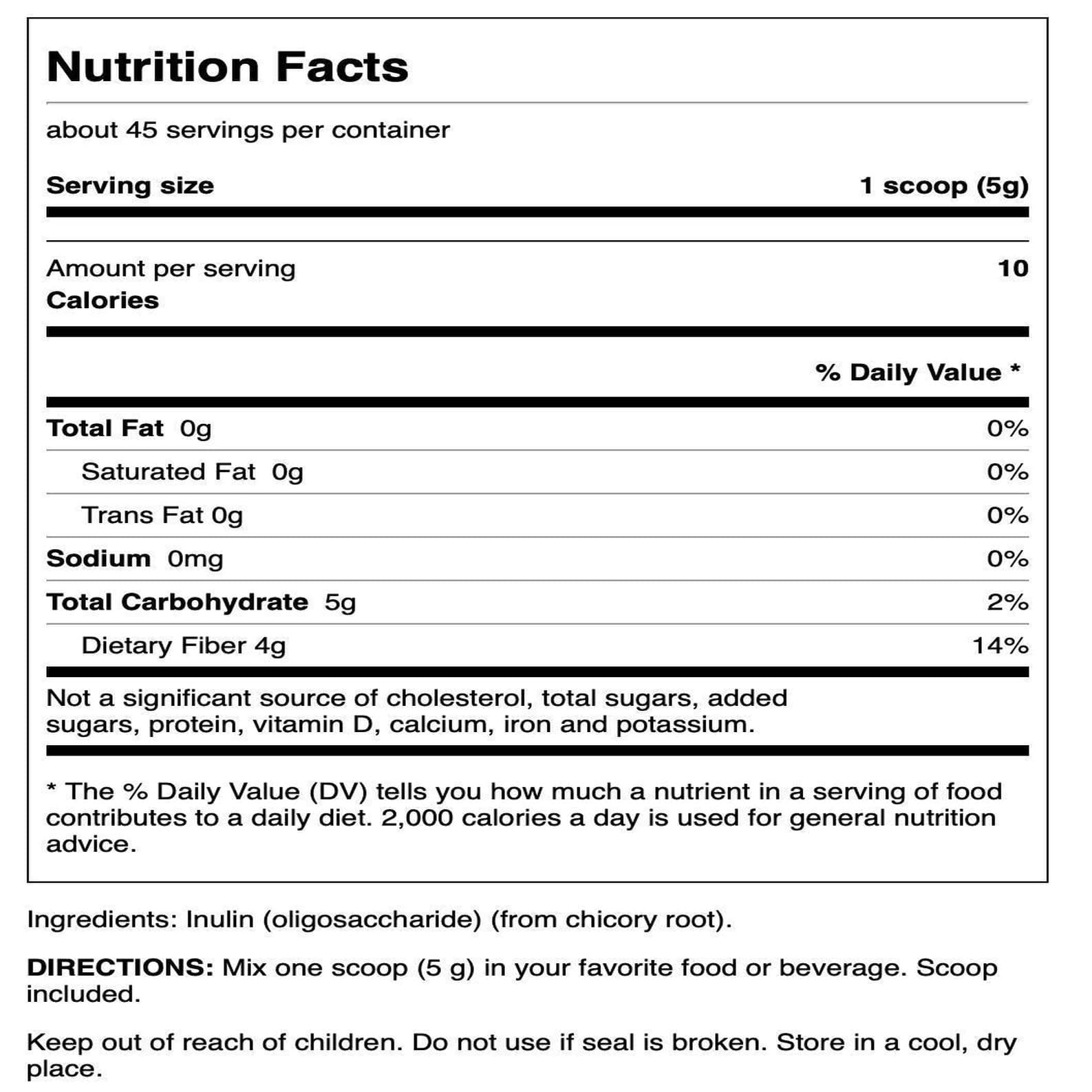 Swanson Inulin Prebiotic Powder 286g back view with nutritional information