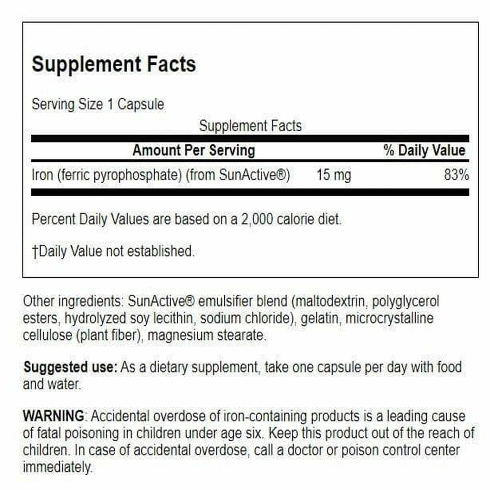 Swanson Iron Supplement 15mg capsule side view
