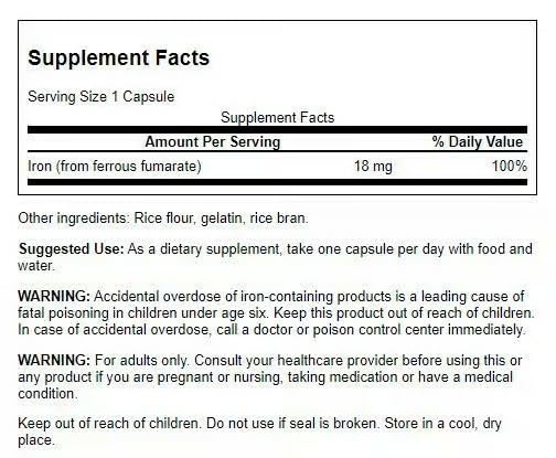 Swanson Iron Supplement 18mg capsules close-up