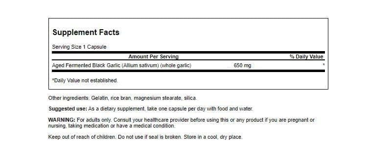 Swanson Kyoto Aged Fermented Black Garlic 650mg packaging side view