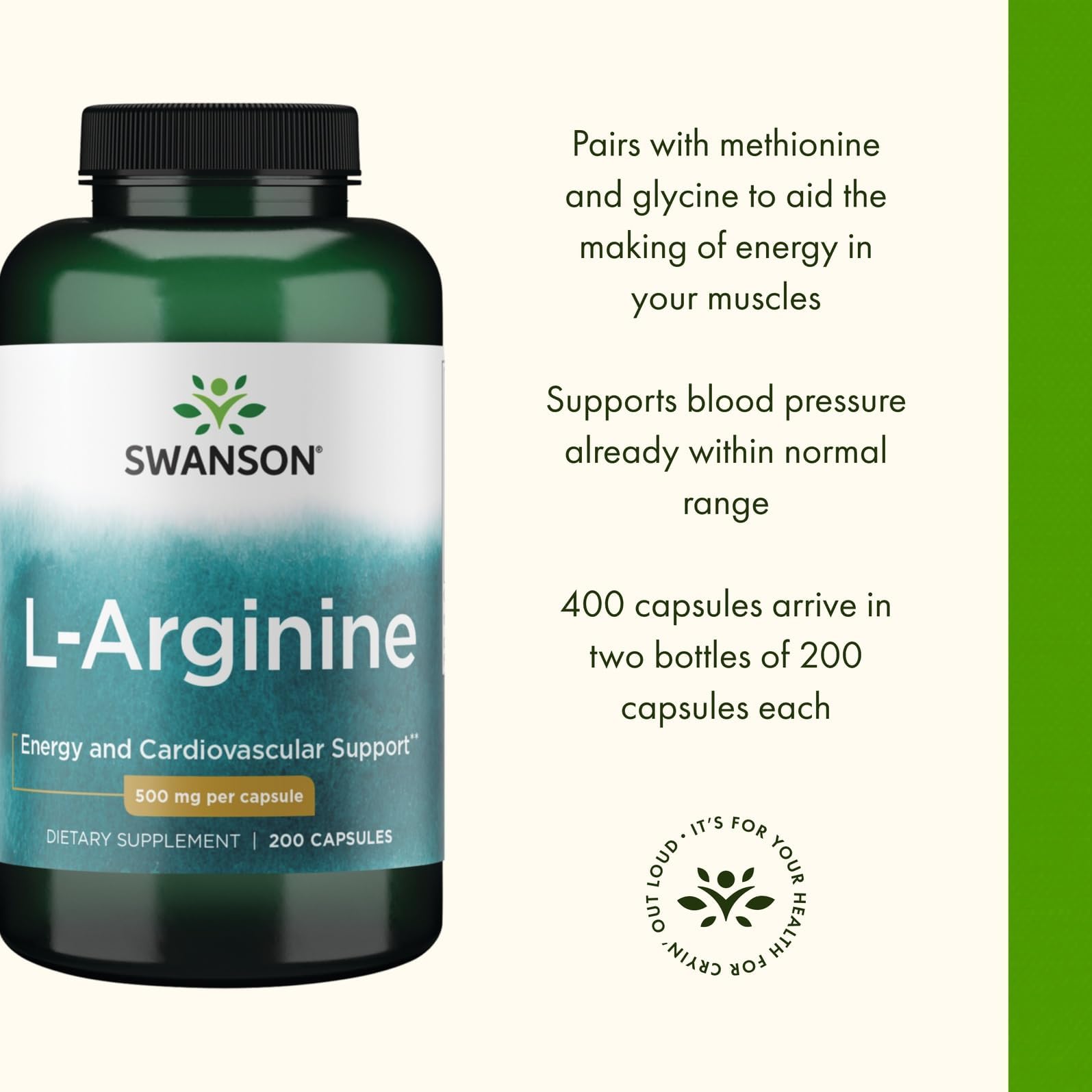 Swanson L-Arginine 500mg capsules with measuring spoon