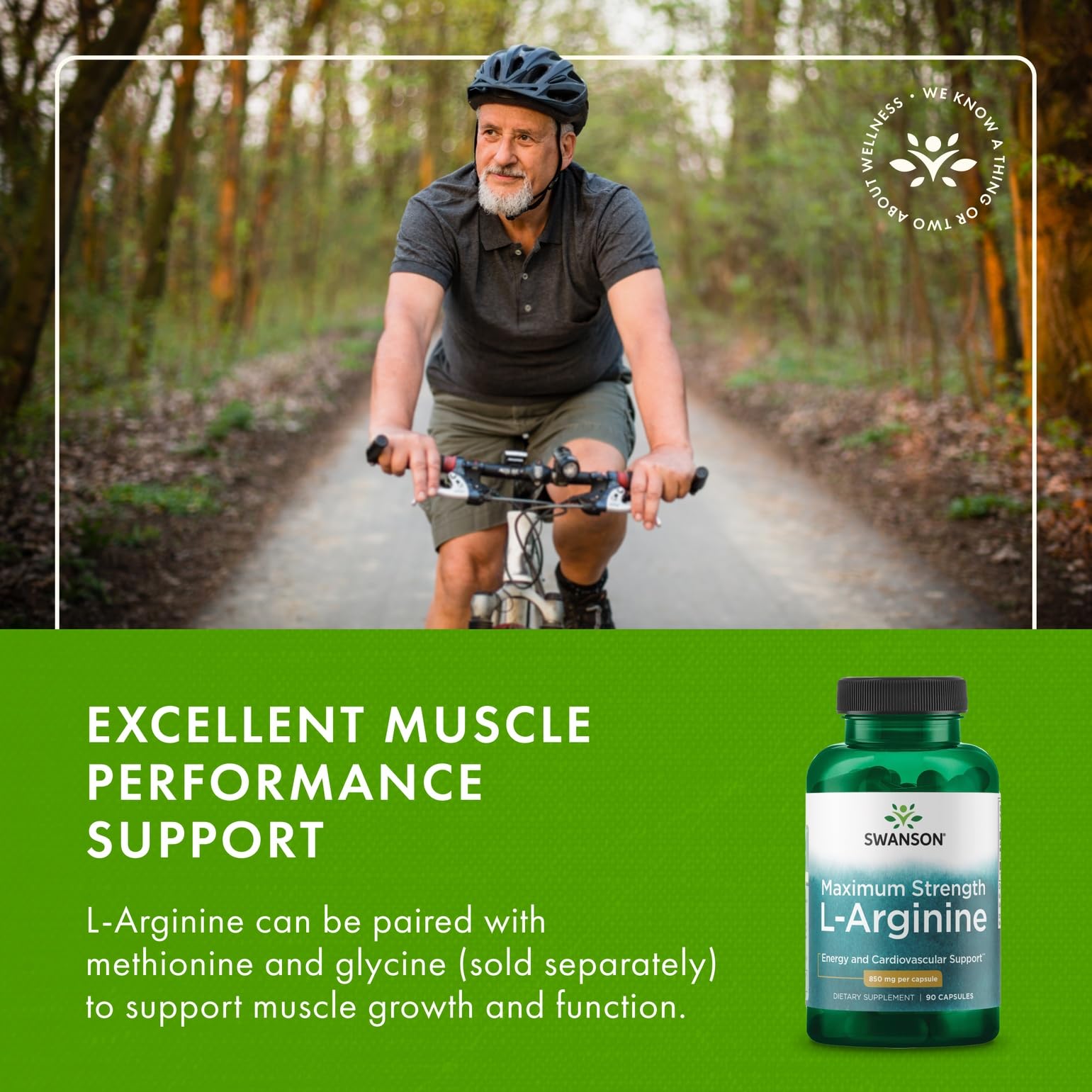 Swanson L-Arginine 850mg supplement on a wooden table