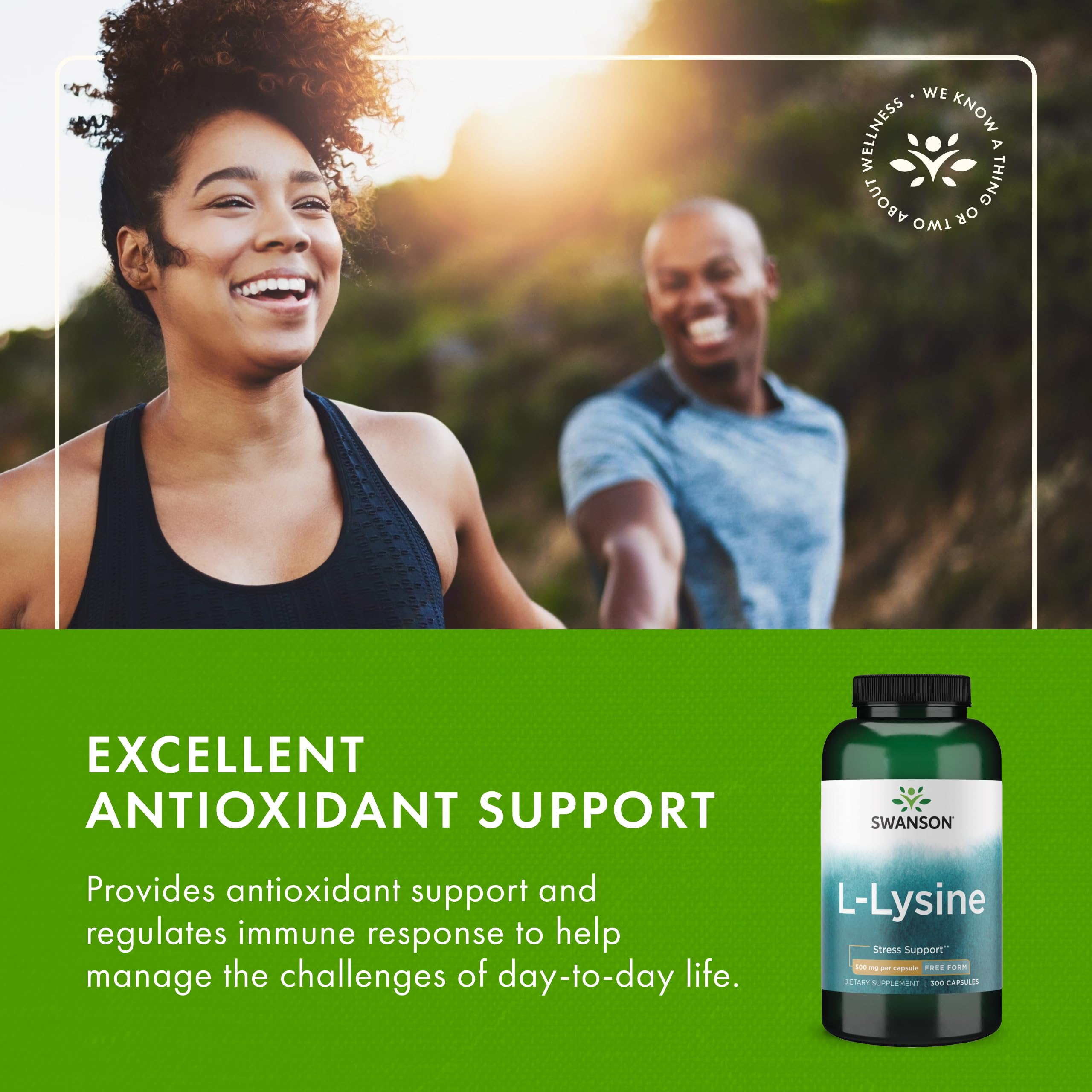 Swanson L-Lysine 500mg capsules with a measuring spoon