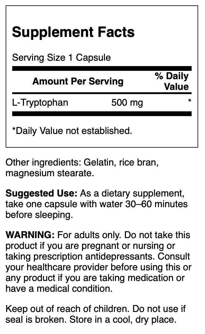 Swanson L-Tryptophan 500mg capsules close-up of the label