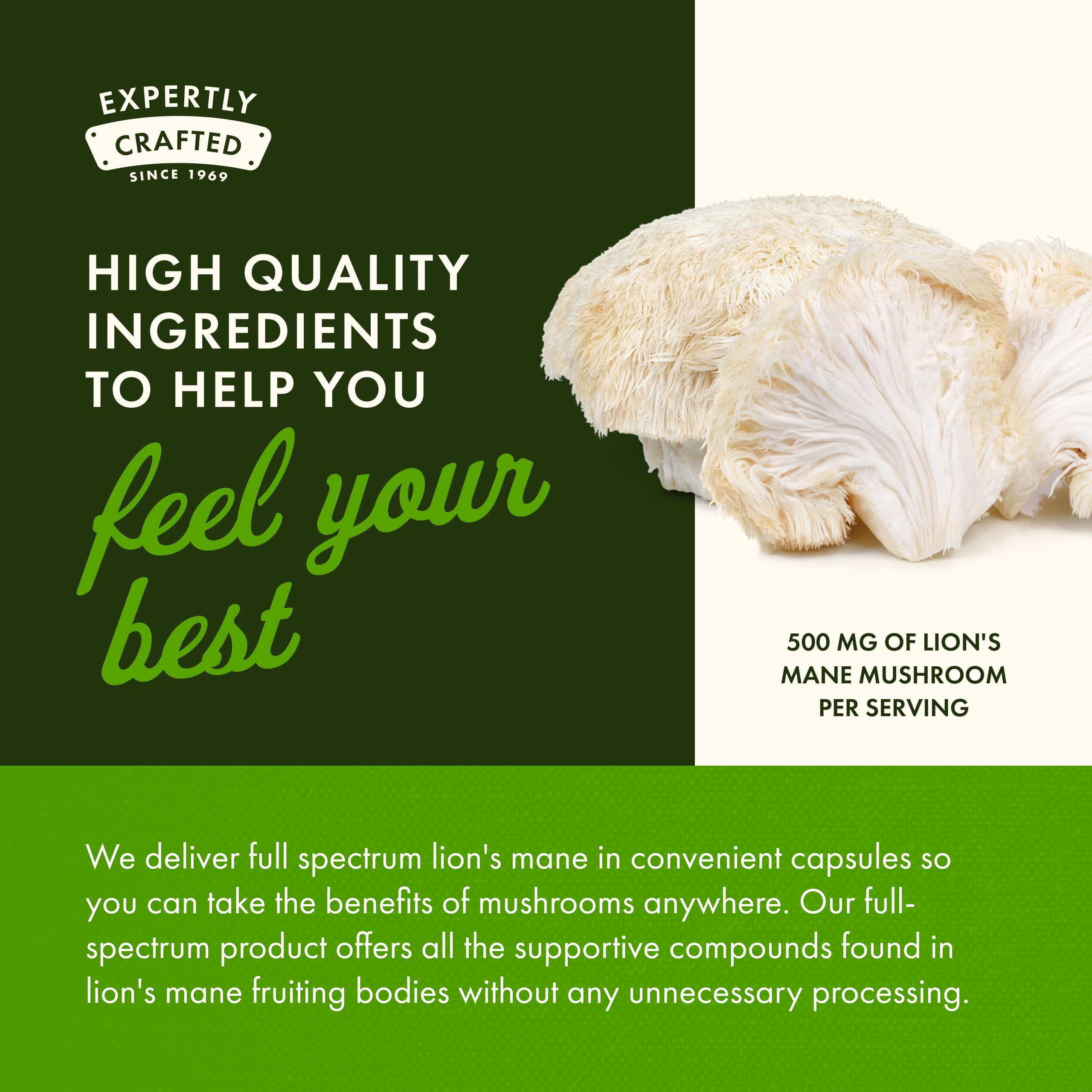 Swanson Lion's Mane Mushroom capsules on a wooden table