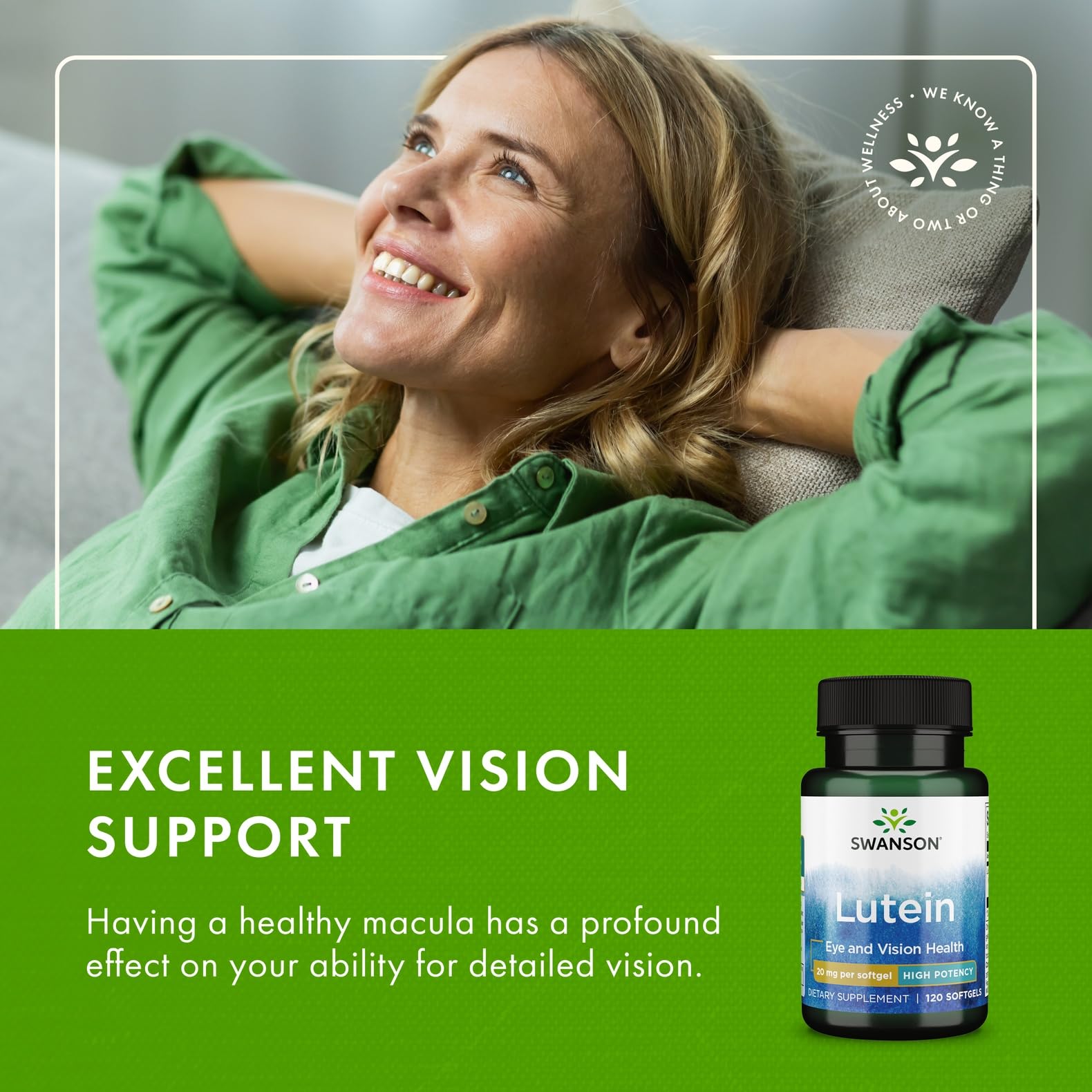 Swanson Lutein Supplement 20mg lifestyle scene with a glass of water