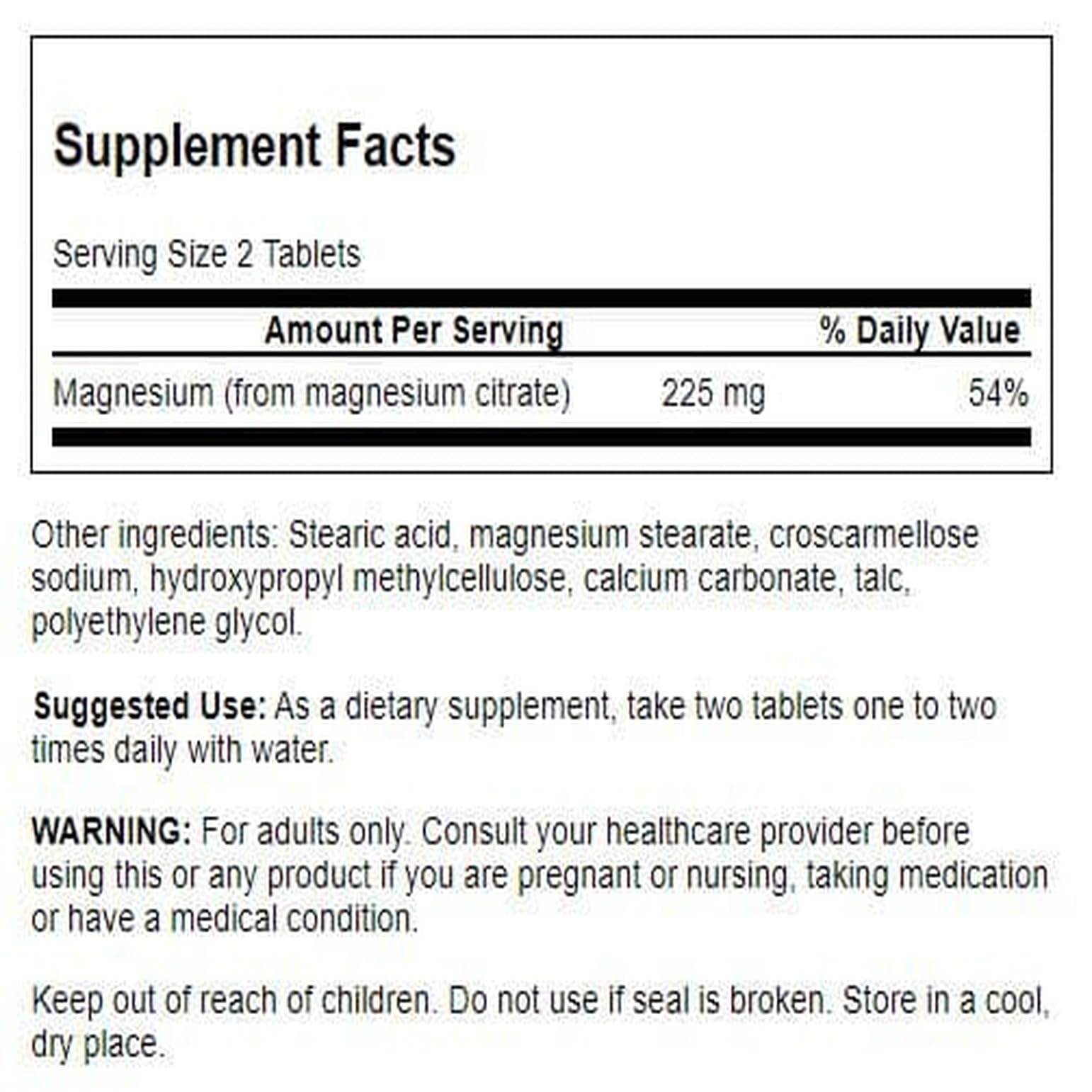 Swanson Magnesium Citrate Supplement 225mg back view
