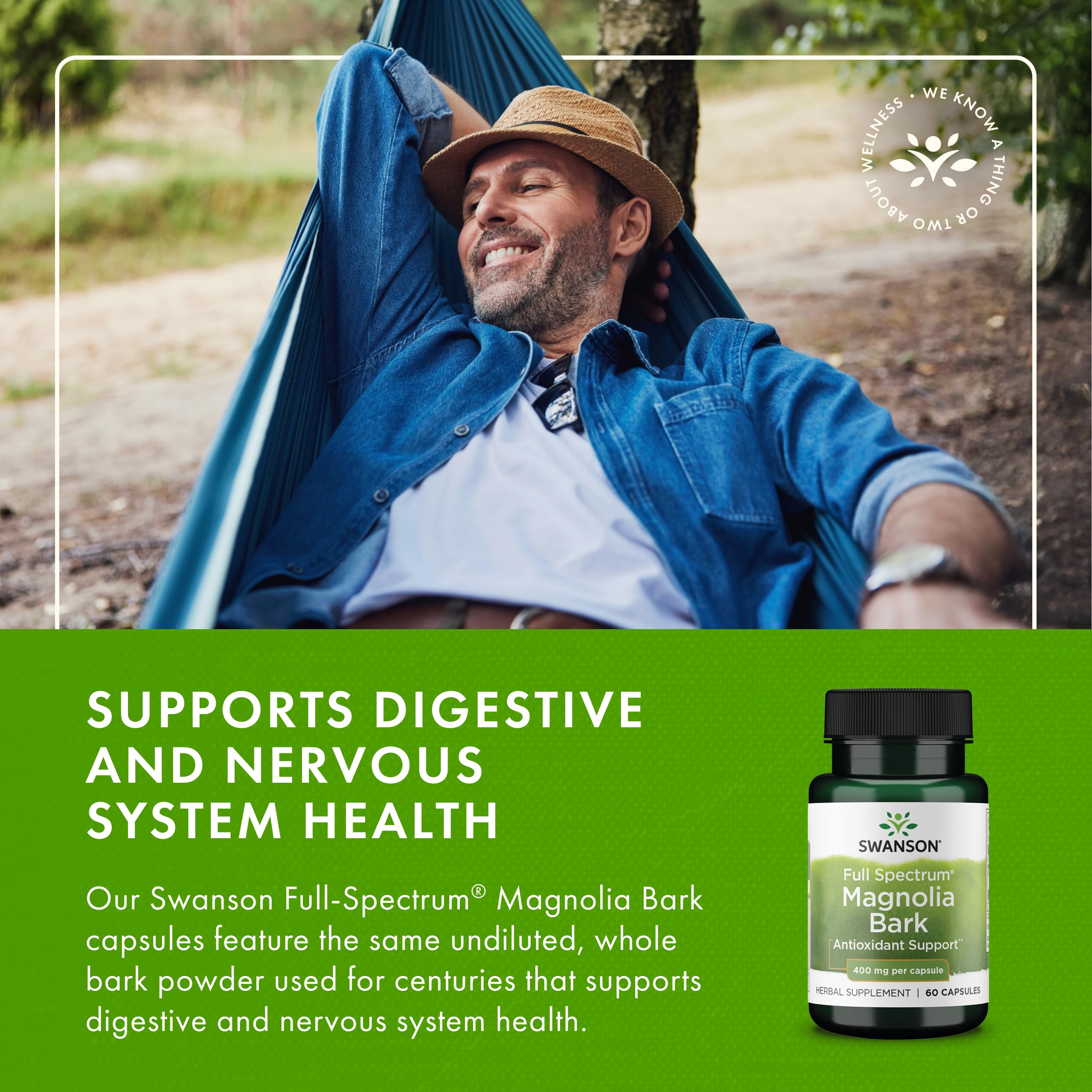 Swanson Magnolia Bark 400mg Capsules on a wooden table