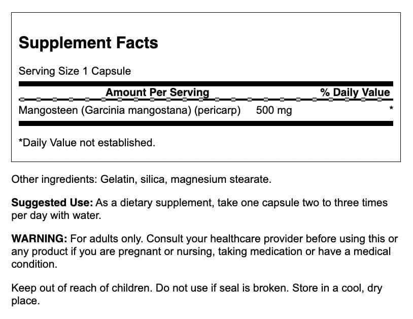 Swanson Mangosteen Capsules 500mg side view showing capsule size