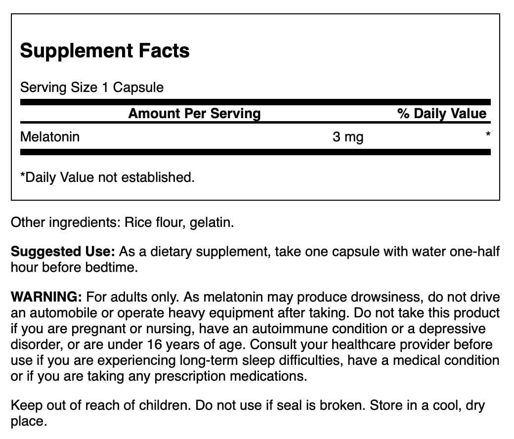 Swanson Melatonin 3 mg capsules side view showing dosage details