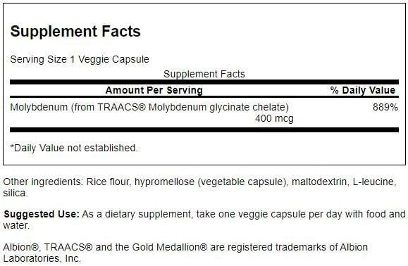 Swanson Molybdenum 400 mcg vegetarian capsules side view with packaging