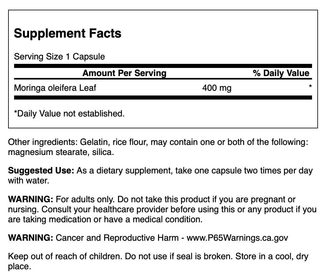 Swanson Moringa Oleifera capsules packaging with ingredients list